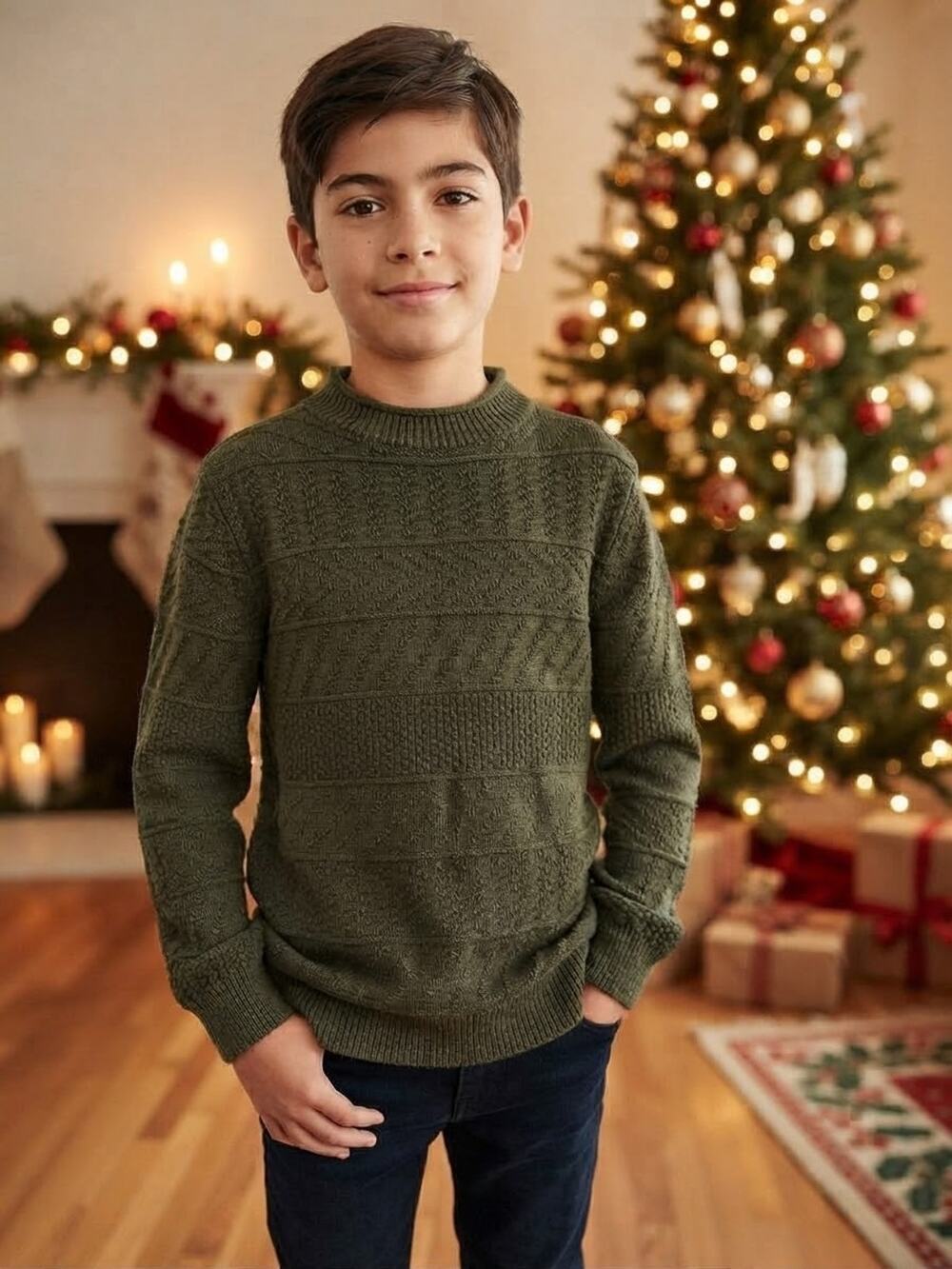 J.Crew Crewcuts Olive Green Textured Mock Neck 100% Cotton Sweater Boys Sz 10-12